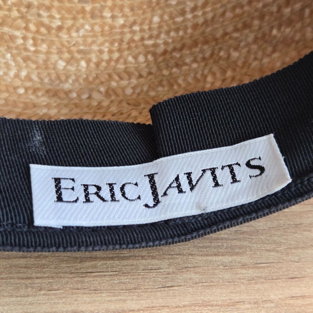 Eric Javits vintage straw + patent leather captains hat Squishee Black Rose Bow - Picture 5 of 8